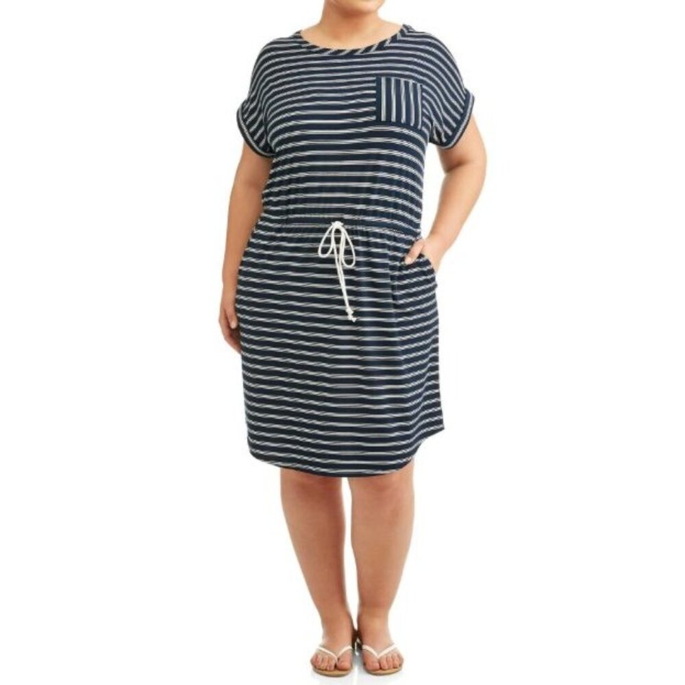 Terra & Sky Navy and White Striped Drawstring Pocket T-Shirt Dress
